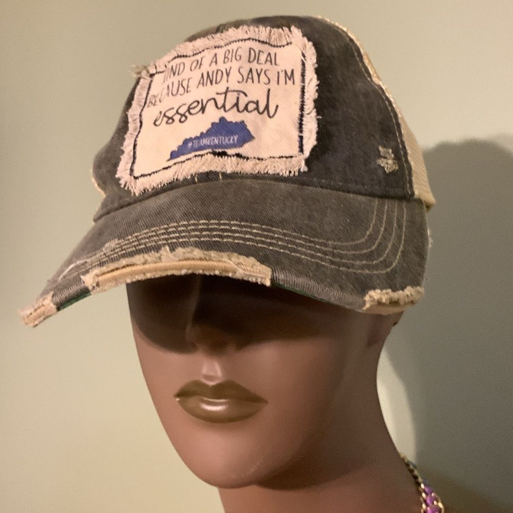 Kentucky adjustable patch hat. Heavily distressed ball cap.  Dark gray denim